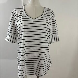 Jane Delancey White Black Stripe V-Neck Short Sleeve Blouse Sz S Nautical Preppy